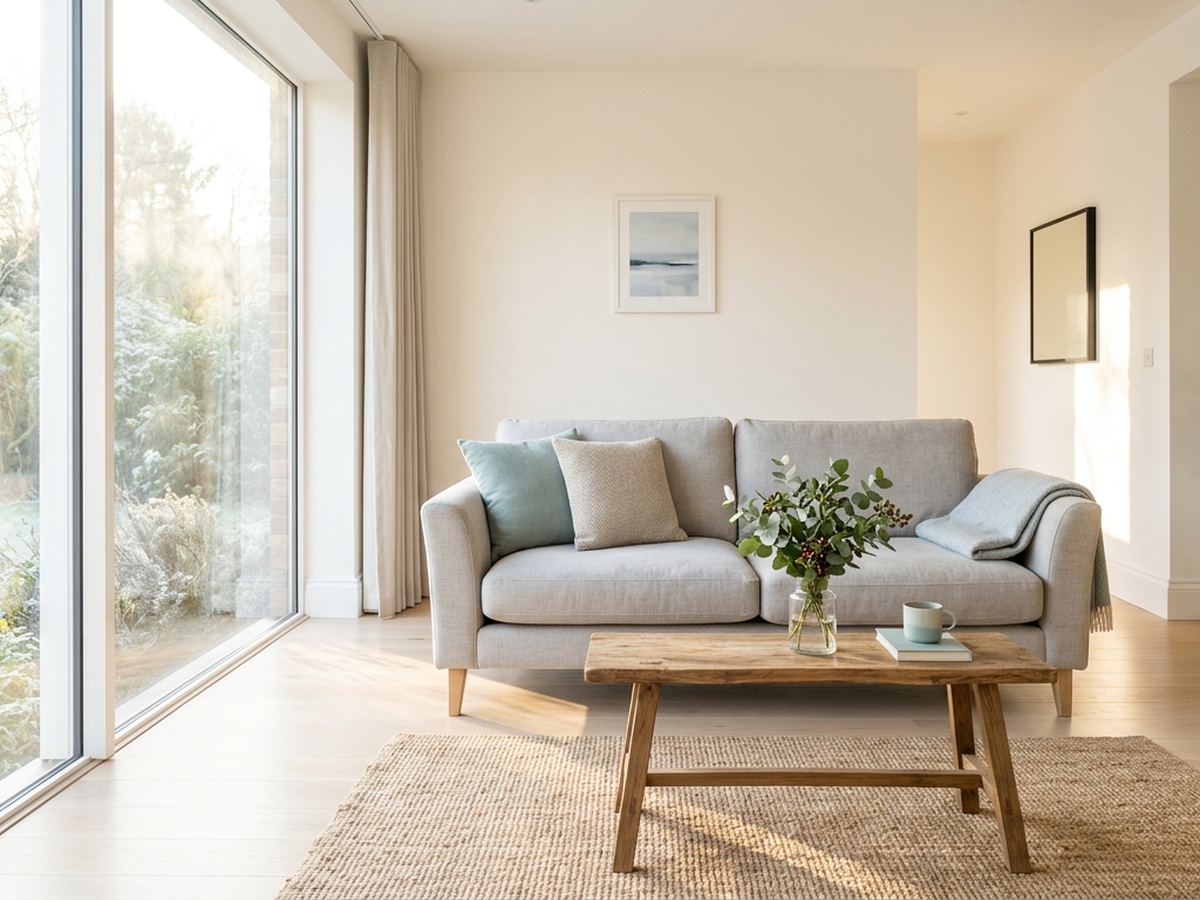 A bright, sunlit living room after a Set & Shine cleaning